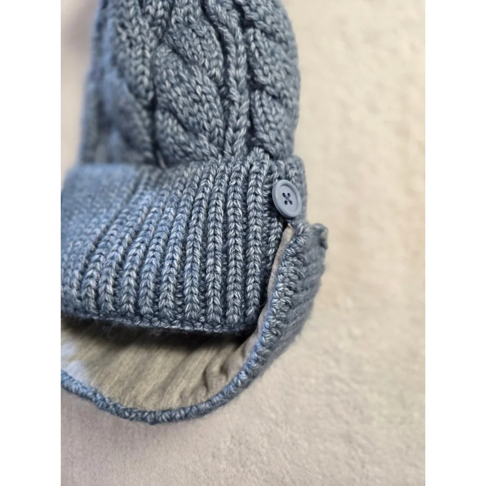 Anthropologie Blue Cable Knit Beanie Faux Fur Pom Fleece Lined Face Mask Button